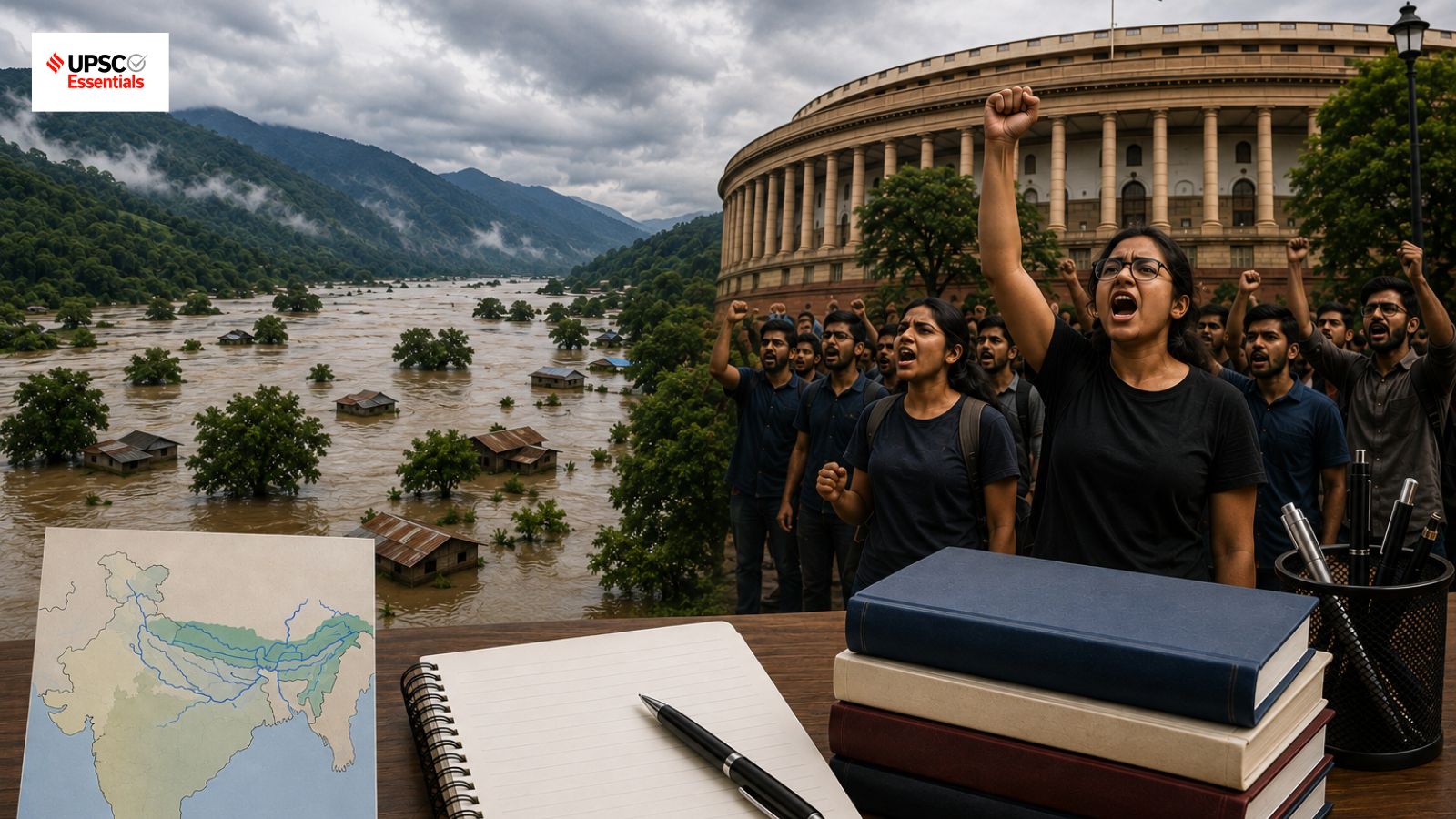 UPSC Mains Answer Practice — GS 1: Floods in Brahmaputra basin and youth-led protests for Indian society (Week 166)