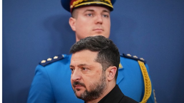Ukraines President Volodymyr Zelenskyy arrives for joint press statements with his Serbian counterpart Aleksandar Vucic at the Serbia Palace, in Belgrade, Saturday. (AP Photo)