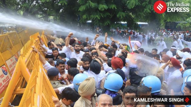 Punjab Congress leaders and workers protesting against the "deteriorating" law and order situation and the drug menace in the state were stopped by Chandigarh Police