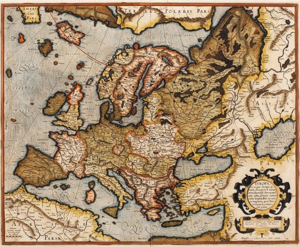 An updated version of the 1554 map of Europe as it appears in the 1595 atlas (Wikipedia)