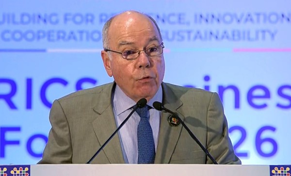 Brazilian Foreign Minister Mauro Vieira addresses the Leaders' Session of the BRICS Business Forum, in New Delhi (DD News/ANI Video Grab)
