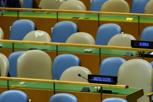 The seats of the US delegation as Iran's President Masoud Pezeshkian addresses the 81st UNGA at UN headquarters. (Reuters)