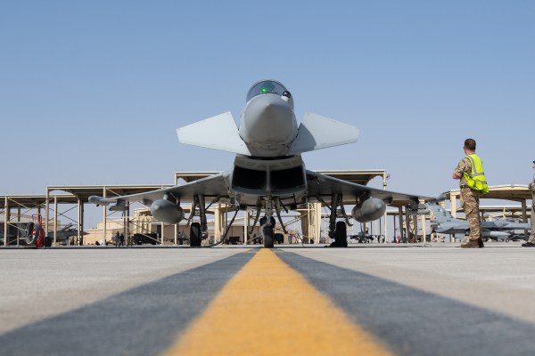 An RAF Typhoon on the runway in Saudi Arabia during Exercise Spears of Victory 2026.