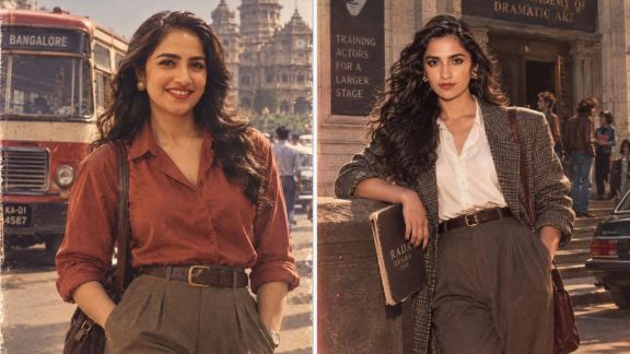 The ’80s AI photo trend is taking social media by storm, with users transforming modern photos into retro-style portraits. (Image: Instagram/rukmini_vasanth_fans.club)
