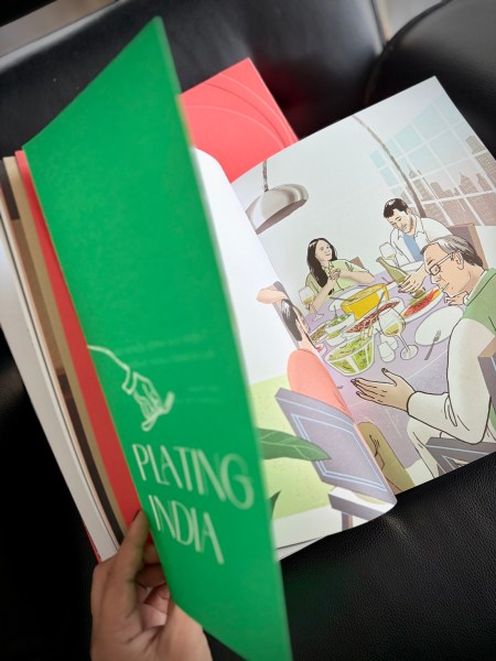 Abhijit Banerjee and chefs Garima Arora, Manu Chandra, Prateek Sadhu and Thomas Zacharias, reimagined at one table for the book's "Plating India" conversation. (Illustration: Jasjot Singh Hans/Juggernaut)