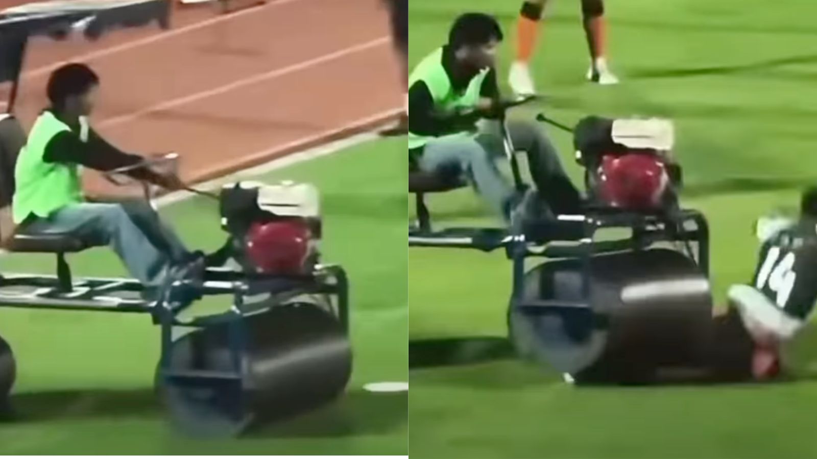 Watch: England footballer run over by a pitch roller while warming up on the field