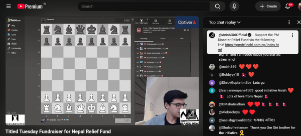 Anish live-streamed his Titled Tuesday games, a weekly online chess event on Chess.com, using the platform to mobilise support for Nepal. (Screengrab/YouTube)