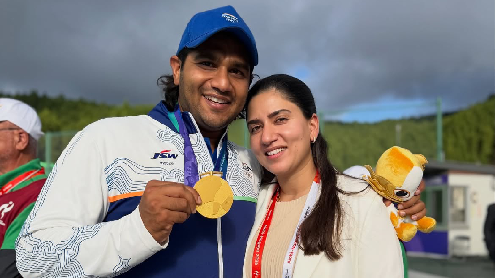 Kynan Chenai with wife Ria Rajeshwari Kumari after winning the trap mixed team title. Instagram