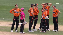 Perth Scorchers players look at the big screen during the Big Bash League final. (Screengrab via YouTube/BBL)
