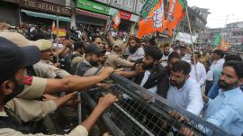 Security tightened in Srinagar after BJP holds a protest in Srinagar against the Omar Abdullah government .Express photo by Shuaib Masoodii