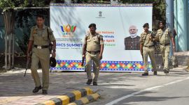 Delhi police personnel deploy ahead of the BRICS Summit 2026 near Bharat Mandapam in New Delhi. (ANI Photo/Naveen Sharma)