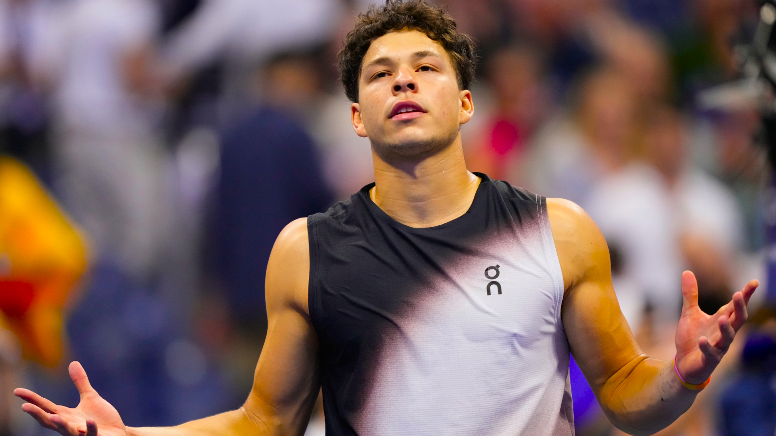 Ben Shelton reacts after he won his match against Frances Tiafoe during the men's singles semifinals of the US Open tennis championships in New York.