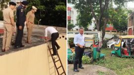 Panchkula police chief Pankaj Nain climbing down the ladder into the building (left); with seized vehicles (right). (Special Arrangement Photos)