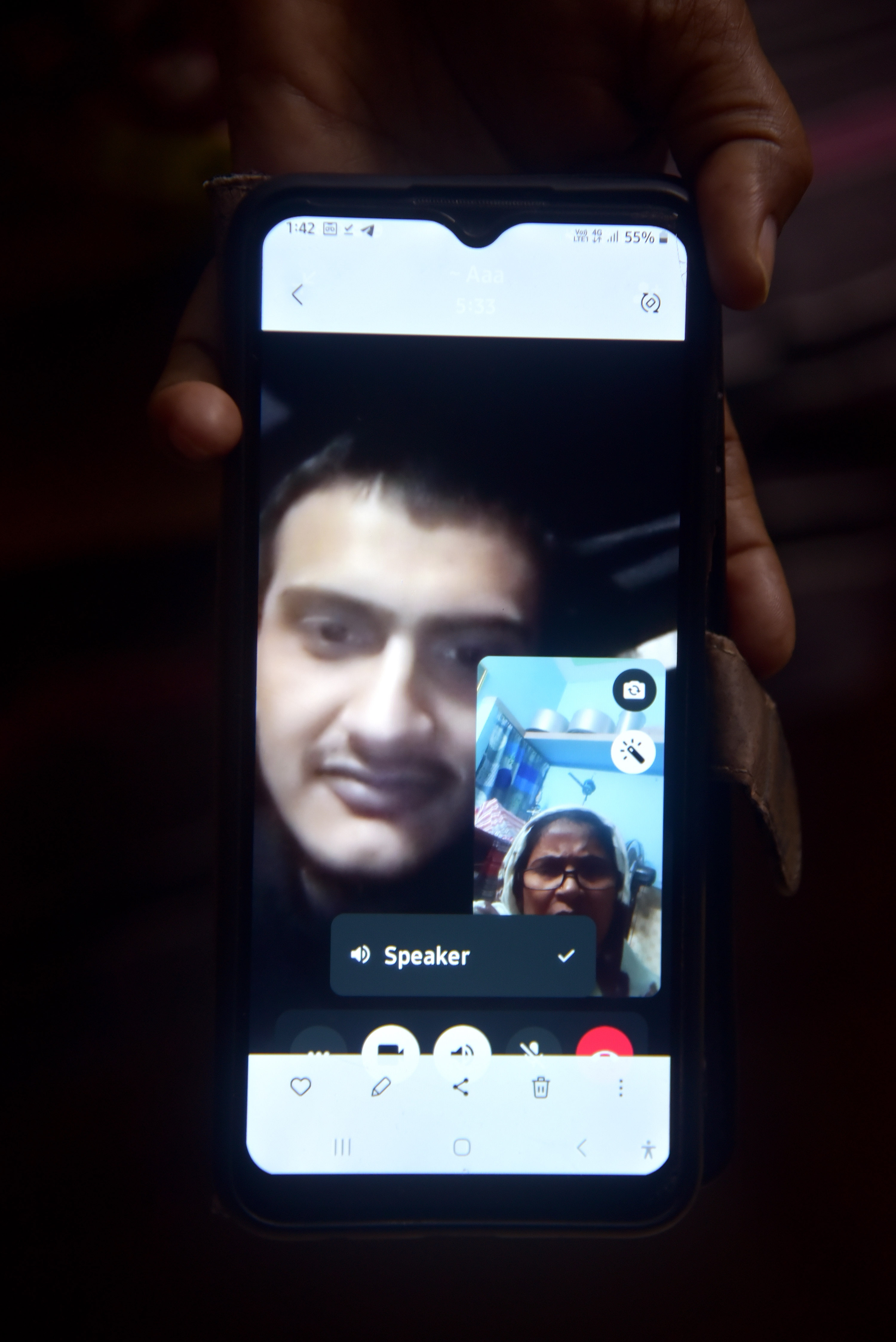 Sahil on a video call with his mother Hasina from the POW camp in Lviv, Ukraine, where he is lodged