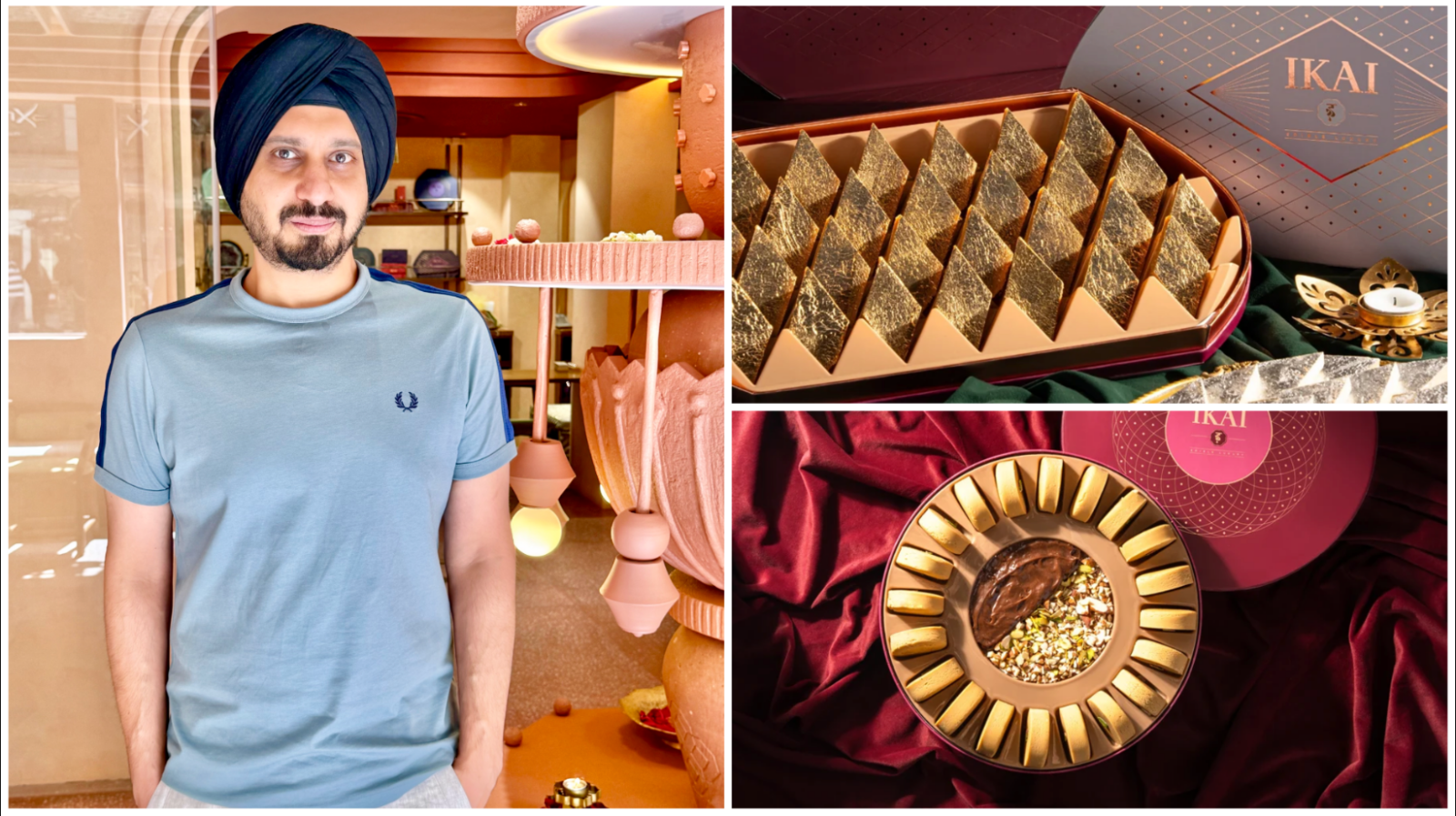 Dr Harmitsingh Sikh has patented his packaging designs. The kaju katli box (top right) is shaped like a stadium, with each katli stacked to hold its position in transit, while the peda box (bottom right) features a central dark chocolate and dry-fruit dip.