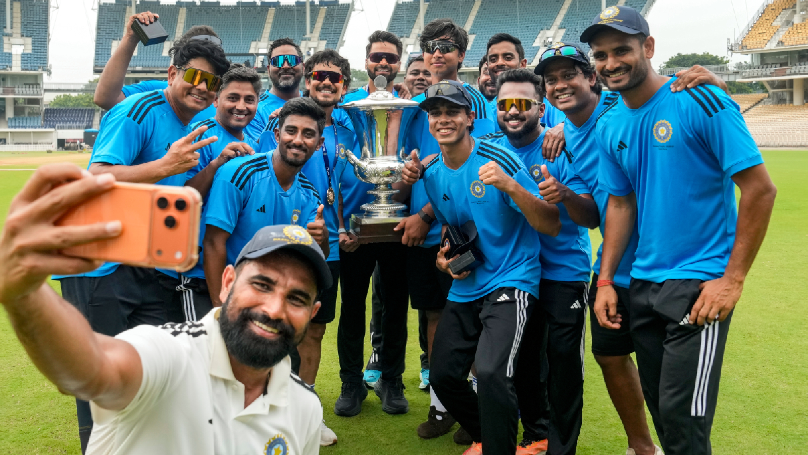 East Zone's Mohammed Shami takes a selfie with teammates after winning the Duleep Trophy 2026-27, in Chennai, Tamil Nadu, Thursday, Sept. 10, 2026.