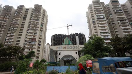 home: The incomplete Eco Village 1 project in Greater Noida. (Express Photo by Gajendra Yadav)