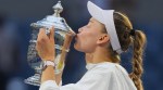 Elena Rybakina kisses the trophy after she won the women's singles final of the U.S. Open tennis championships against Aryna Sabalenka in New York. (AP Photo)