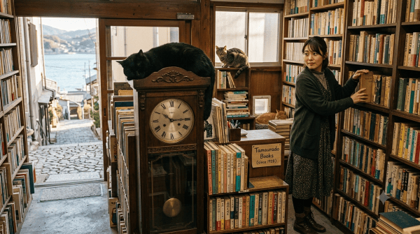 A cozy photograph inside a Japanese secondhand bookstore packed with bookshelves. A young woman browses books while a large black cat sleeps on a grandfather clock. Outside the doorway, a steep stone alleyway leads down to a calm bay surrounded by hills.
