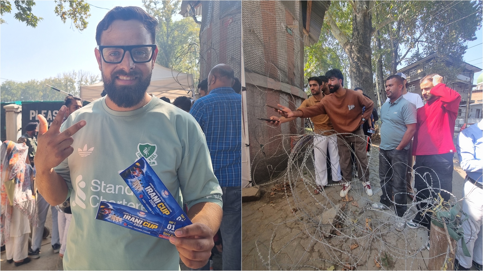A fan named Aqib Mehraj after collecting his tickets; Fans queue up for tickets.