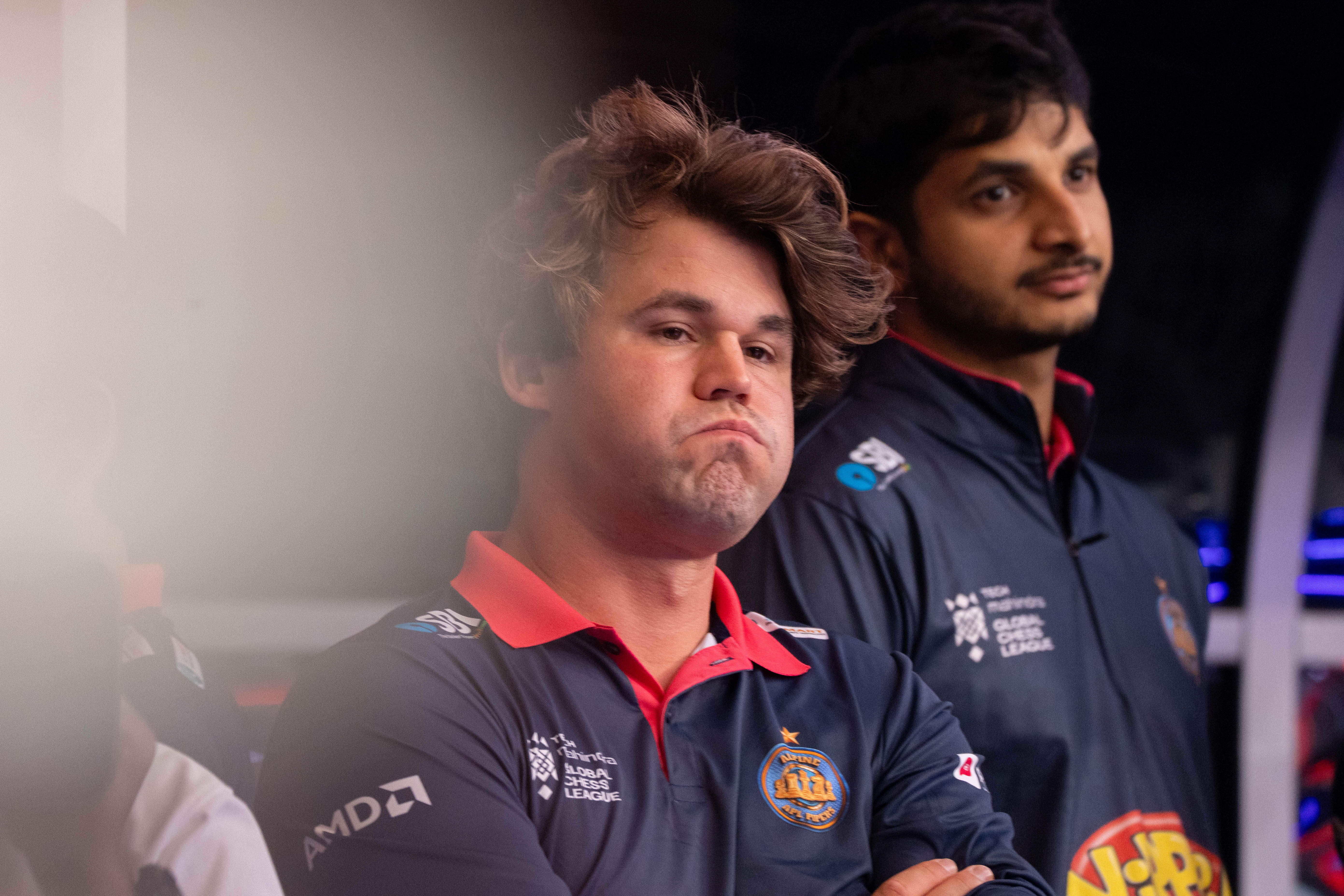 Magnus Carlsen reacts during the Global Chess League final in Bengaluru. (Photo: GCL)