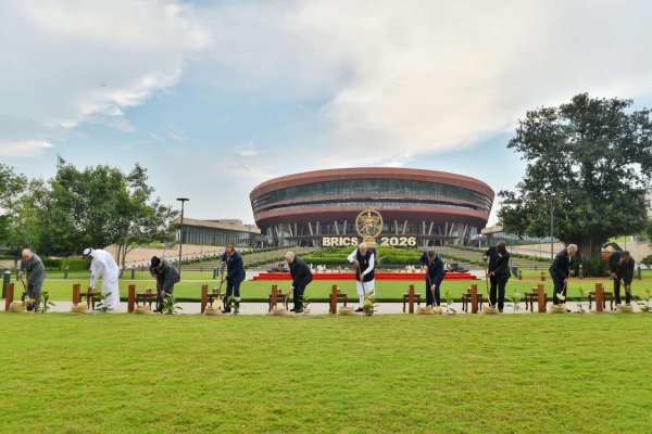 BRICS leaders planting a banyan tree together in New Delhi during 2026 summit