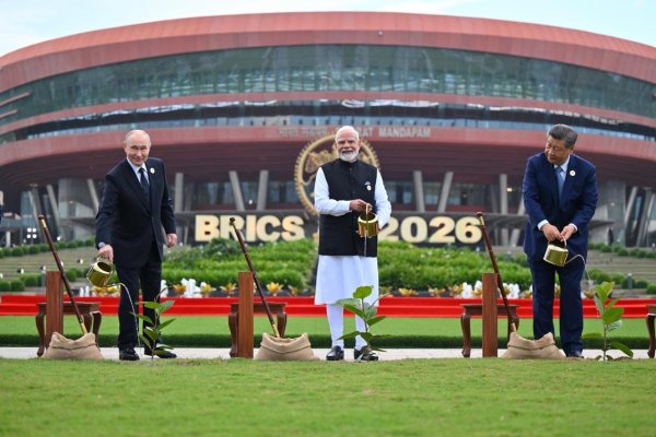 BRICS leaders planting a banyan tree together in New Delhi during 2026 summit
