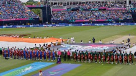 India and Pakistan players line up ahead of their match at the 2024 T20 World Cup. (AP)