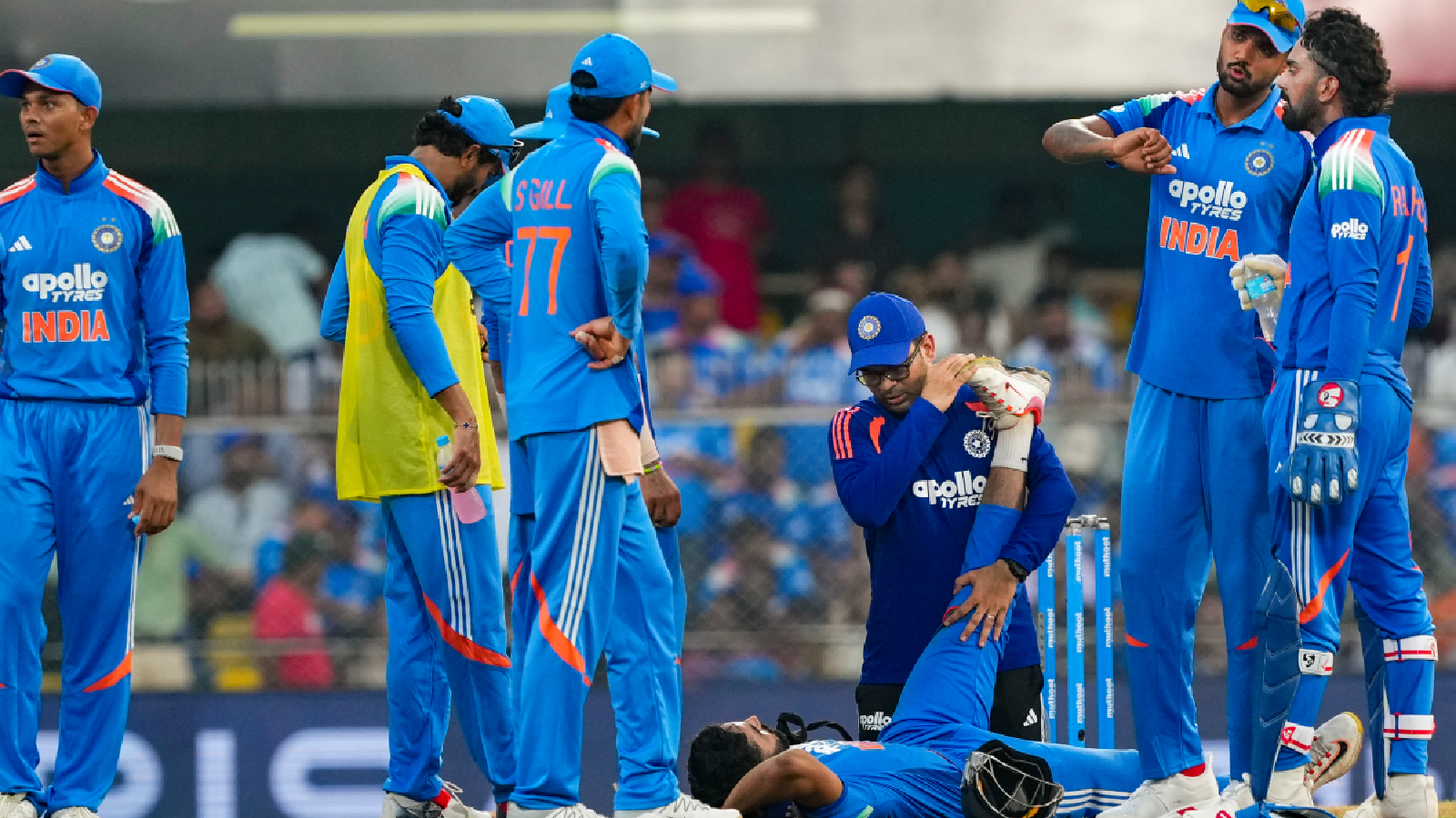 India's Naman Dhir stretches during the second One Day International (ODI) cricket match between India and West Indies, in Guwahati, Wednesday, Sept. 30, 2026.