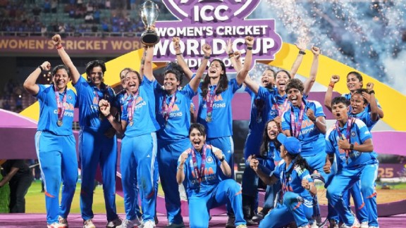 The India women's team celebrate after winning the Women's ODI World Cup in 2025. (Express Photo by Narendra Vaskar)