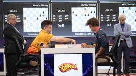 Ganges Grandmasters' Ian Nepomniachtchi had Magnus Carlsen in a stranglehold for a majority of their clash on Sunday, but the Norwegian, as slippery as ever, found his way out of trouble to force a draw. (GCL Photo)