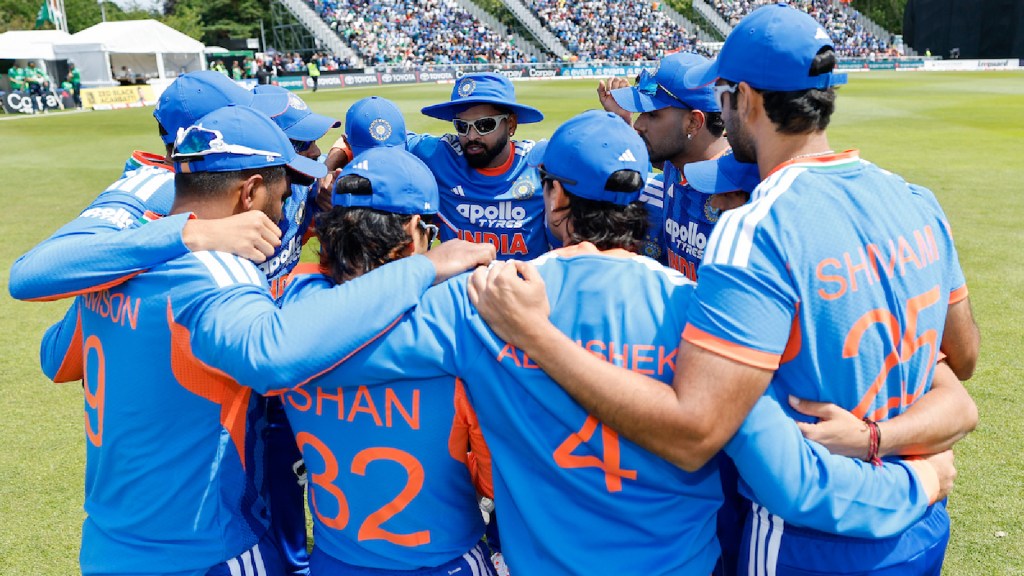 Shreyas Iyer (C) of India with teammates during the 2nd T20 International match between India and Ireland at the Civil Service Cricket Club in Belfast, Northern Ireland, on June 28, 2026. Asian Games