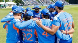 Shreyas Iyer (C) of India with teammates during the 2nd T20 International match between India and Ireland at the Civil Service Cricket Club in Belfast, Northern Ireland, on June 28, 2026. Asian Games
