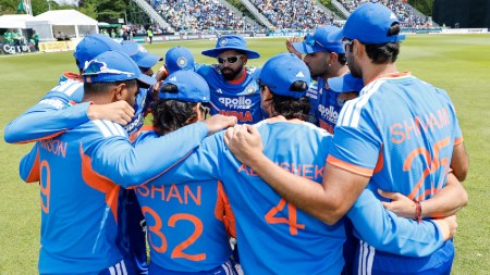 Shreyas Iyer (C) of India with teammates during the 2nd T20 International match between India and Ireland at the Civil Service Cricket Club in Belfast, Northern Ireland, on June 28, 2026. Asian Games