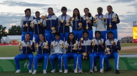 India team members poses on the podium at the medal ceremony for their team's win over Sri Lanka the The Final match between Sri Lanka Women and India Women at Korogi Sports Park, Nisshin, Japan, on September 22, 2026.