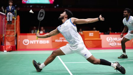 India's Hariharan Amsakarunan and R Arjun Madathil in action during their men's team semi final match against China's He Ji Ting and Liu Yi. (Reuters)