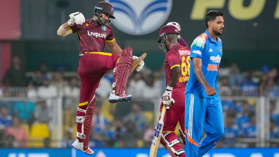 West Indies Amir Jangoo, left, celebrates his century during the second One Day International (ODI) cricket match between India and West Indies, in Guwahati, Wednesday, Sept. 30, 2026. (PTI Photo)
