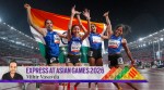 India's Kiran, Prachi, MR Poovama, and Vithya Ramraj celebrate after winning gold medal in the women's 4x400m relay. (PTI)