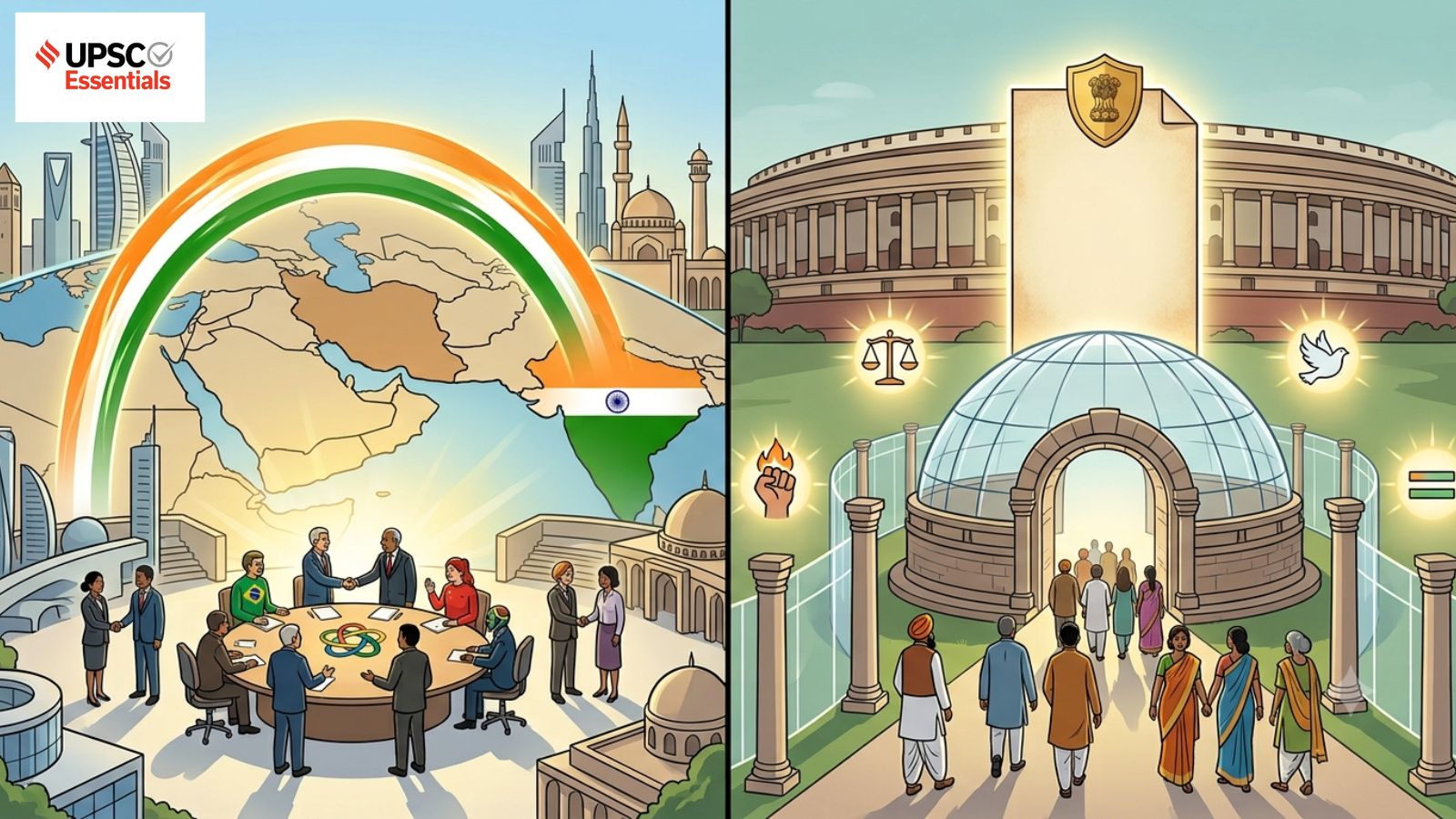 UPSC Mains Answer Practice — GS 2: India’s role in BRICS for engagement in West Asia and Constitutional Safeguards (Week 173)