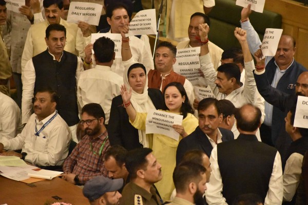 Bharatiya Janata Party (BJP) MLAs protest to interrupt Question Hour on the first day of the Jammu and Kashmir Legislative Assembly's Autumn Session, in Srinagar on Monday.(Express Photo By Shuaib Masoodi) 