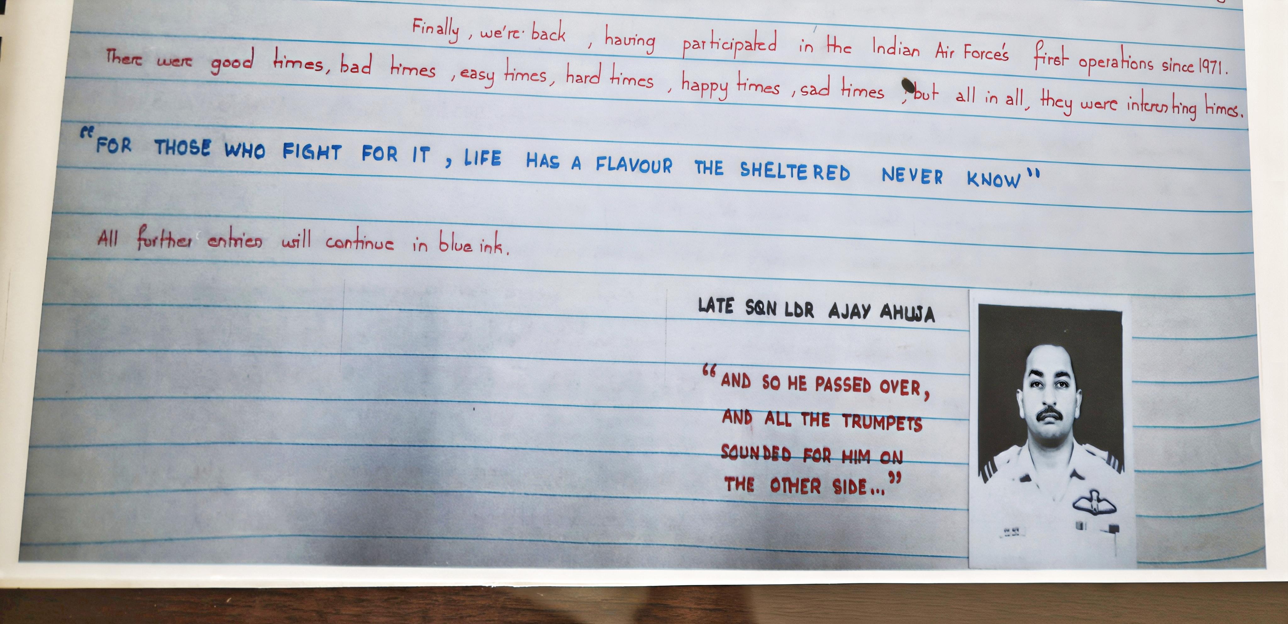 Late Squadron Leader Ajay Ahuja's epitaph in a 1999 Kargil war entry