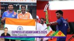 (Left) Sahil and his coach Praveen Sawant; (Right) Sahil Jadhav in action during the men's compound archery final. (Express Photo and ANI)