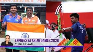(Left) Sahil and his coach Praveen Sawant; (Right) Sahil Jadhav in action during the men's compound archery final. (Express Photo and ANI)