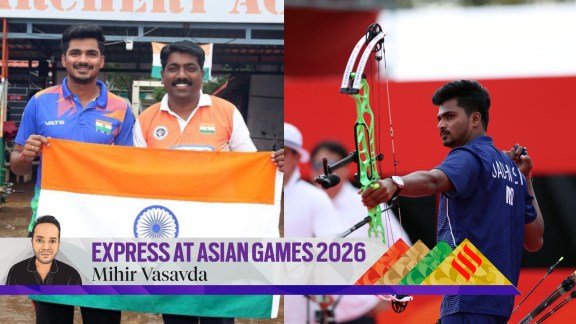 (Left) Sahil and his coach Praveen Sawant; (Right) Sahil Jadhav in action during the men's compound archery final. (Express Photo and ANI)