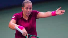Jelena Ostapenko argues during a US Open tennis match in New York. (AP Photo)