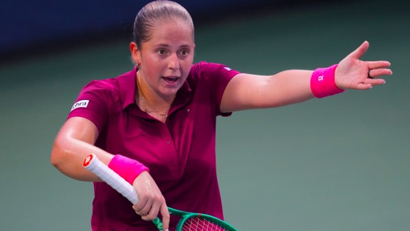 Jelena Ostapenko argues during a US Open tennis match in New York. (AP Photo)