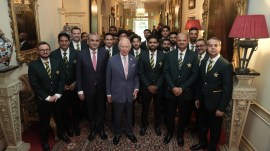 Britain's King Charles III with the members of the Pakistan National Cricket Team during an audience with the team at Clarence House in London. (AP)