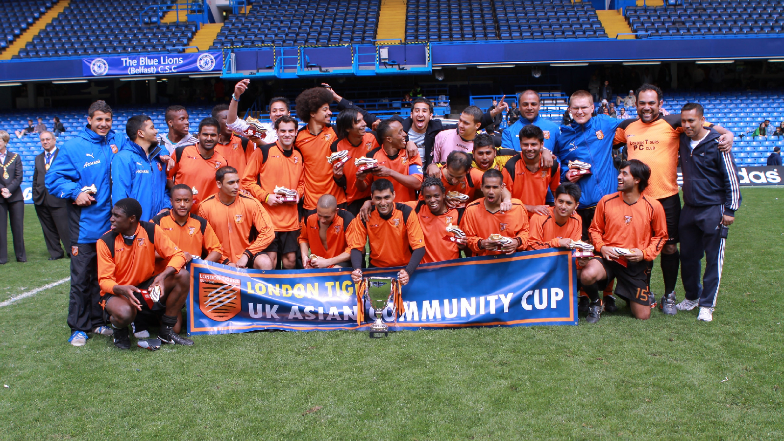 London Tigers FC with the UK Asian Community Cup trophy, which manager Ridhwan Ahmed calls an incredible achievement. (Special Arrangement)