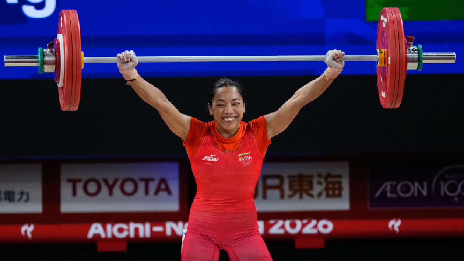 Mirabai Chanu Saikhom of India competes during the women's 49kg weightlifting final at the Asian Games in Nagoya, Japan, Wednesday, Sept. 23, 2026.