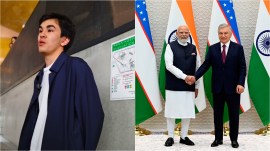 Narendra Modi gifted the original handwritten scoresheet of Javokhir Sindarov from the 2025 FIDE World Cup final as a unique memento to Uzbekistan President Shavkat Mirziyoyev. (Express Photo and AP)